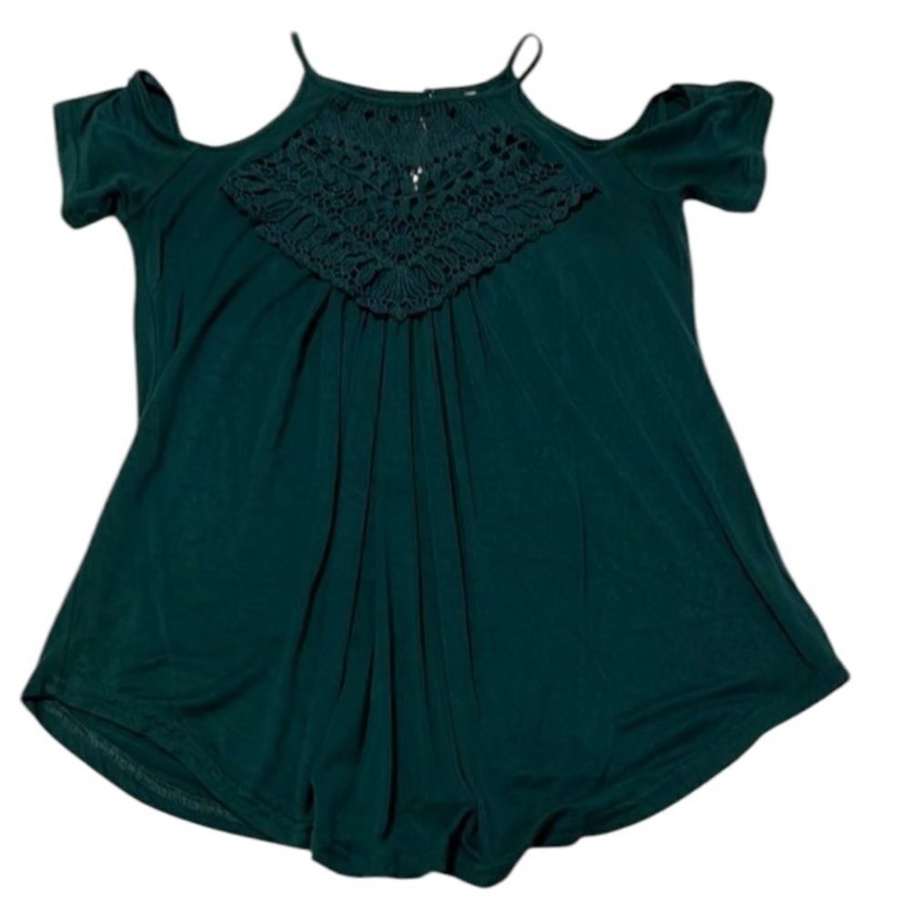 Forest green adorable szS cold shoulder lace bodice gathered front T-shirt EUC